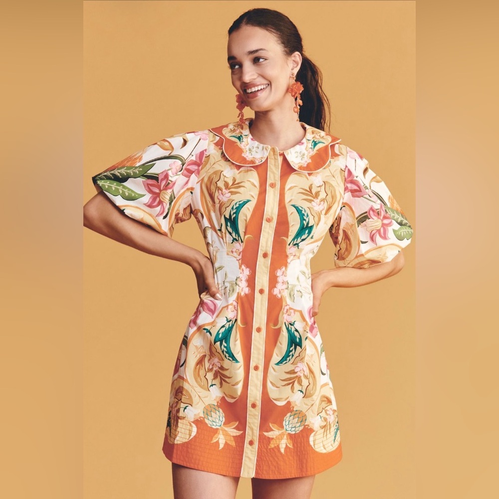 Farm Rio Anthropologie cotton puff sleeve button front mini dress talita floral